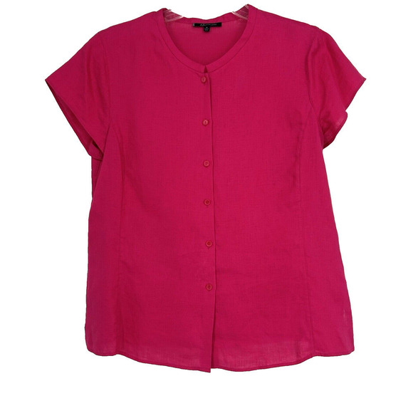 Anne Klein Hot Pink Linen Top Button Front Mandarin Collar Short Sleeve Size 10 - Picture 1 of 9